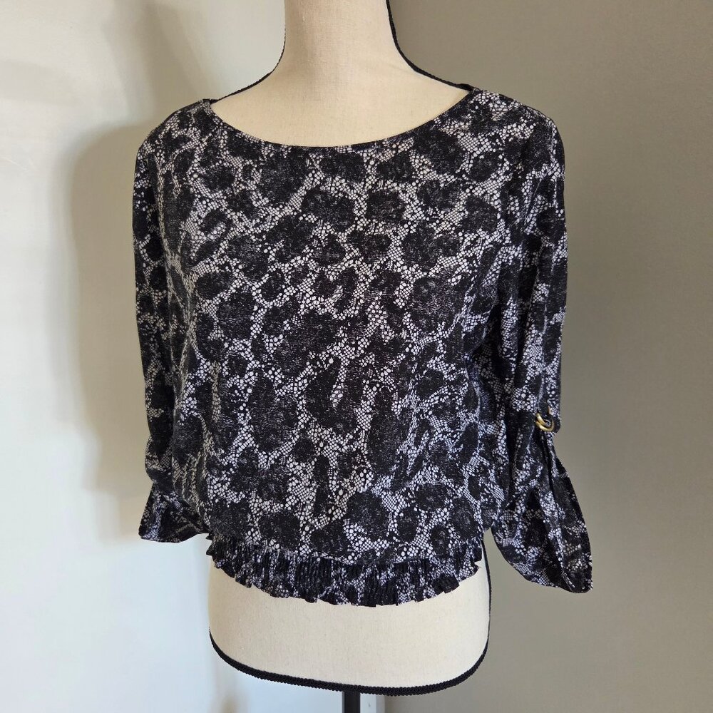 Michael Kors Black And White Animal Leopard Print Blouse Small Elastic Waist